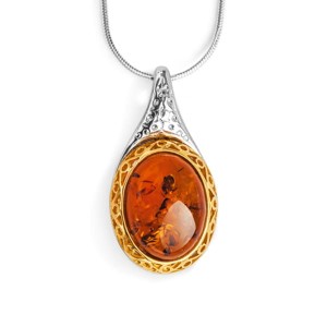 Wisiorek  srebrny, pozłacany z koniakowym  bursztynem 