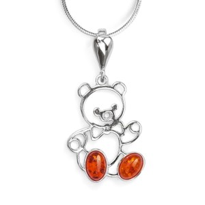 Wisiorek srebrny Miś  z bursztynem bałtyckim