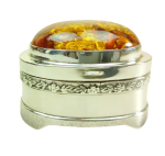 Szkatułka Puzderko Srebrne Zdobione Bursztynem