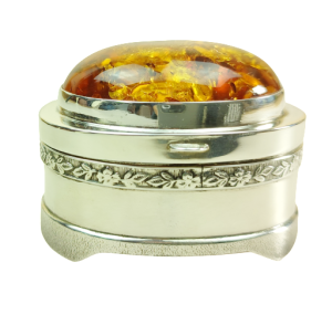 Szkatułka Puzderko Srebrne Zdobione Bursztynem