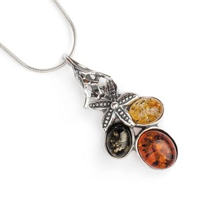 Srebrny wisiorek z bursztynami ROZGWIAZDA