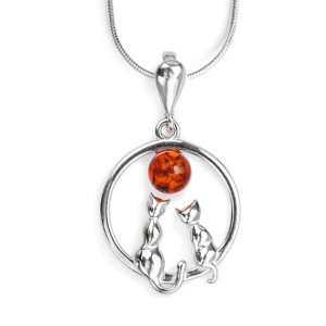 Srebrny Wisiorek z Bursztynem DWA KOTKI