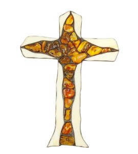 Krzyż duży bursztynowo-witrażowy do zawieszenia na ścianie 