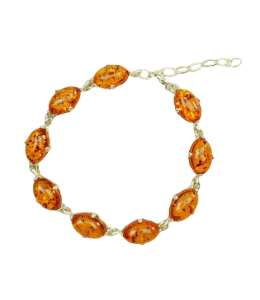 Bransoletka srebrna z naturalnymi bursztynami regulacja długości 