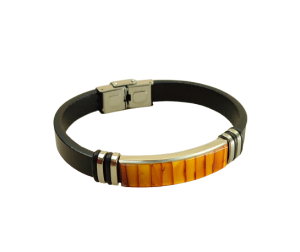 Bransoletka skórzana męska z bursztynami bałtyckimi i zapięciem ze stali