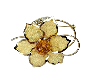 Broszka złocona z bursztynem bałtyckim