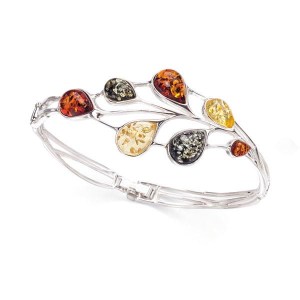 Bransoletka z Mosiądzu Posrebrzana z Bursztynami 